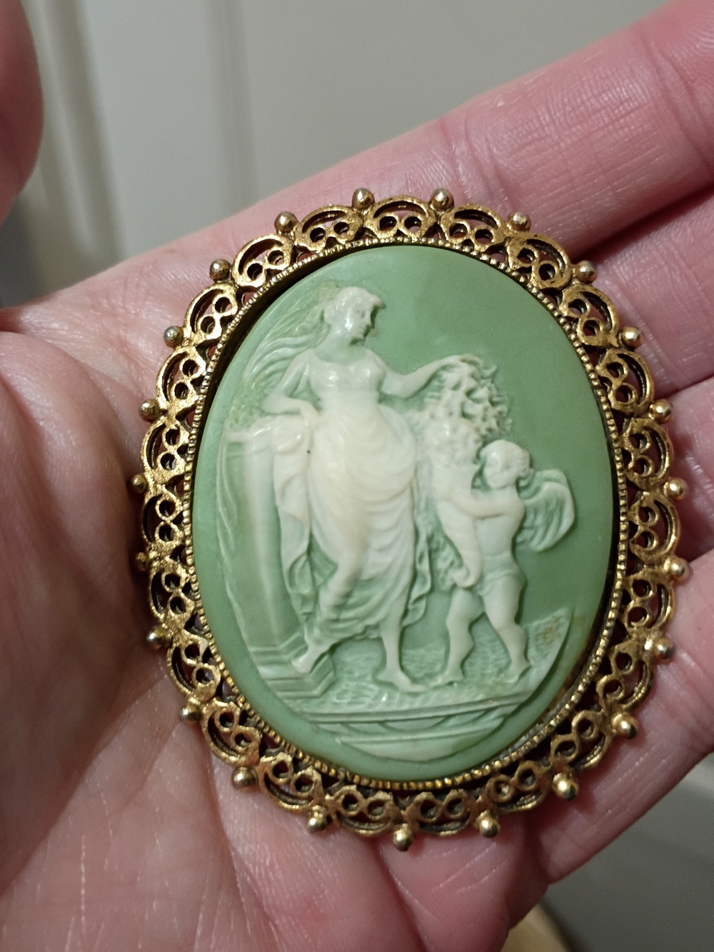 Vintage Green and Ivory Cameo Brooch with Gold Filigree Frame